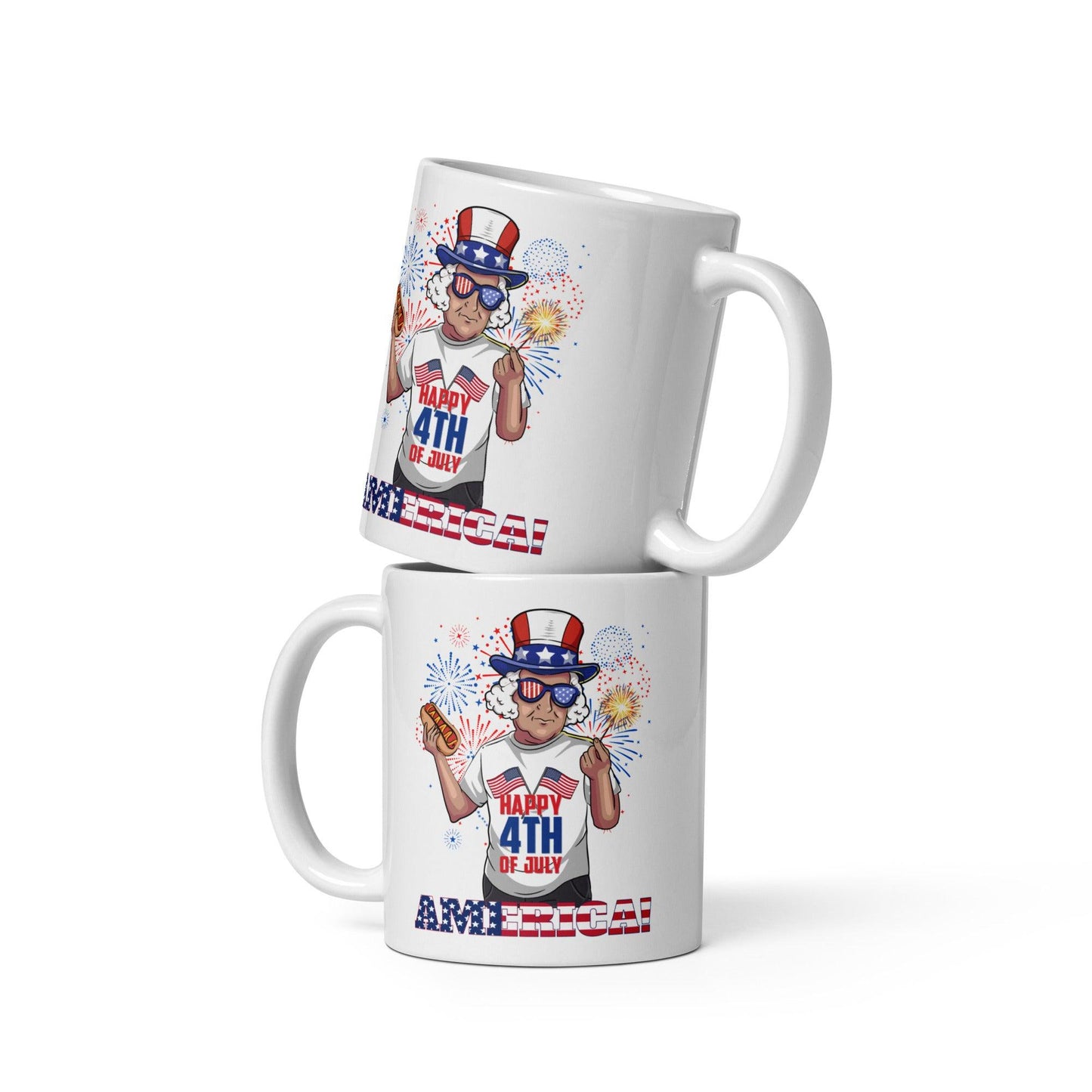 "George Washington Happy 4th of July" White glossy mug - Gizmo Graphic Works