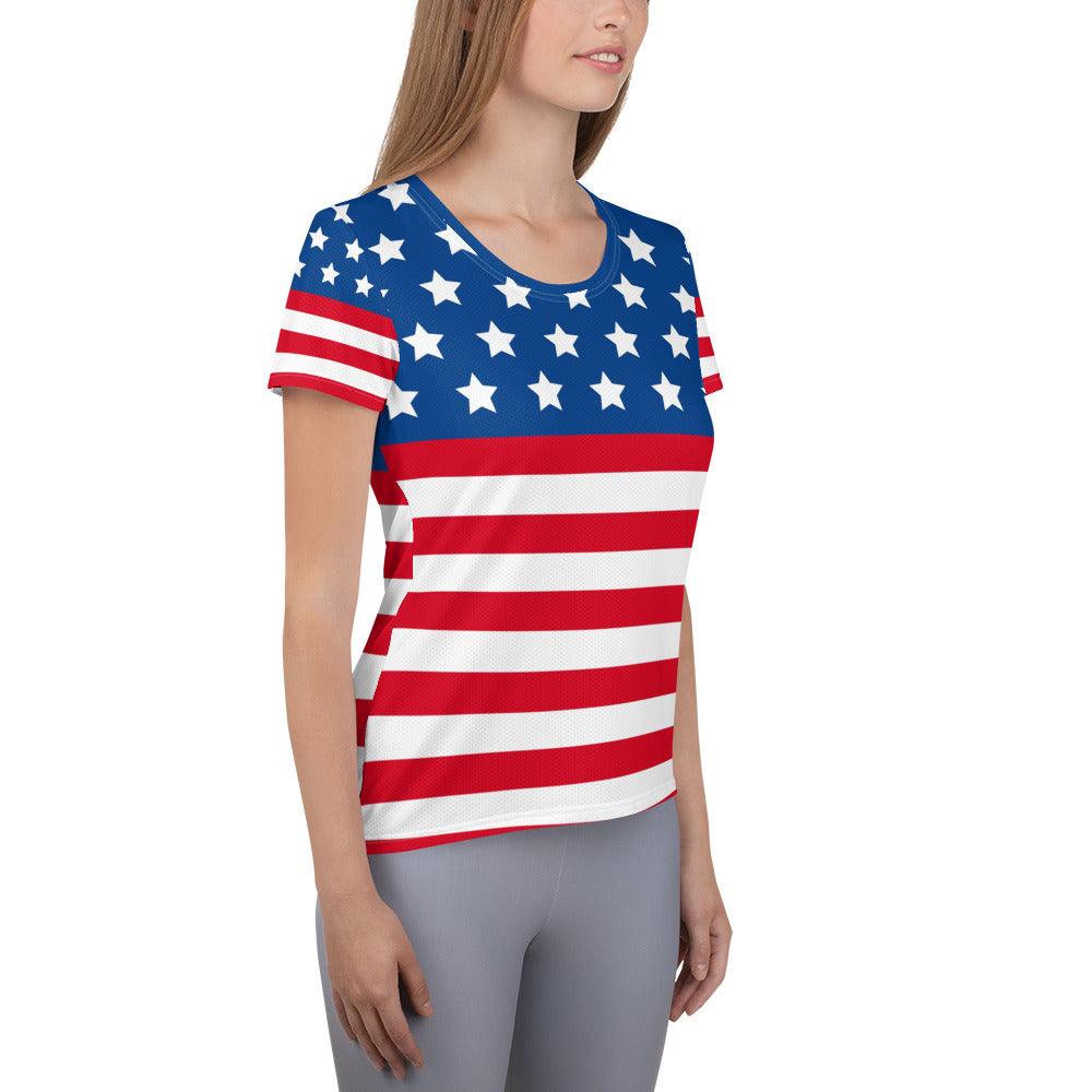 Stars and Stripes All-Over Print Women's Athletic T-shirt - Gizmo Graphic Works