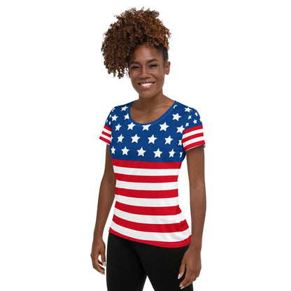 Stars and Stripes All-Over Print Women's Athletic T-shirt - Gizmo Graphic Works